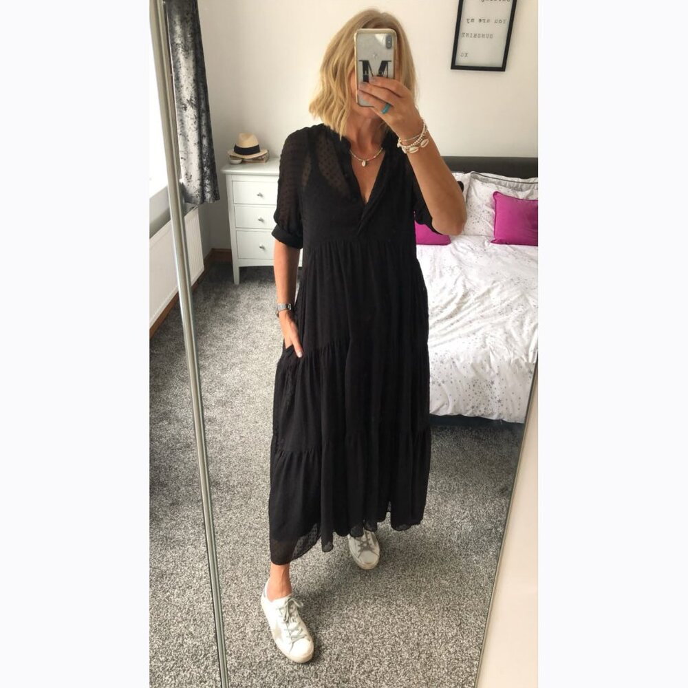 Zara Swiss Dot Tiered Dress in Black. Never Worn. Size Medium.